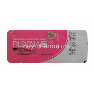 Fildena, Sildenafil Citrate Chewable Tablets 100mg 100tabs, Back blister packaging manufactured by Fortune Health care