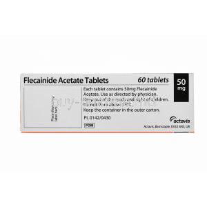 Flecainide Acetate 50mg 60 tabs, box back presentation, General information, storage information, Actavis