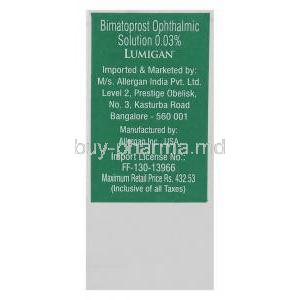 Lumigan, Bimatoprost Eye Drop Box Manufacturer info