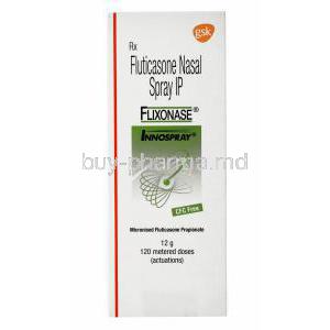 Fluticanose Nasal Spray IP, Flixonase, 12g 120 metered doses(actuations) GSK, Box front presentation