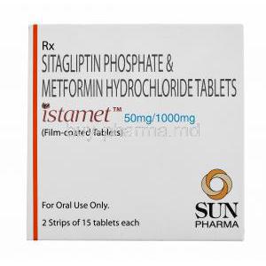 Istamet, Sitagliptin Phosphate & Metformin Hydrochloride Tablets, Istamet 50mg/1000mg, Sun Pharma, Box Front presentation