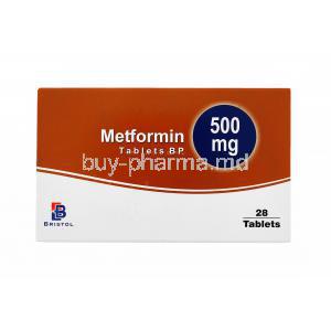 Generic Glucophage, Metformin Tablet, 500mg 28 tablets, Box front presentation, Birstol