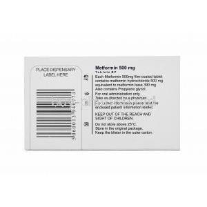 Generic Glucophage, Metformin Tablet, 500mg 28 tablets, Box back presentation, instructions on contents of each tablet, instructions of usage, Warning sign, Storage instructions.