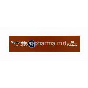 Generic Glucophage, Metformin Tablet, 500mg 28 tablets, Box side presentation, Bristol