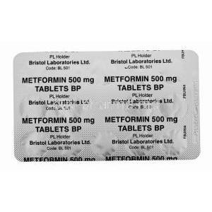 Generic Glucophage, Metformin Tablet, 500mg 28 tablets, Blister pack Back presentation with information