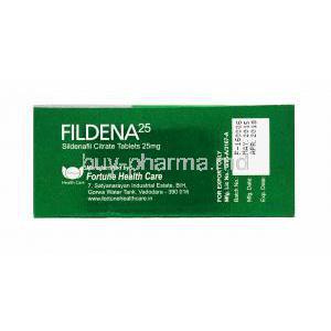 Generic Viagra, Sildenafil Citrate, Fildena 25mg 100tabs, Box side view, Manufactured by Fortune Health Care.