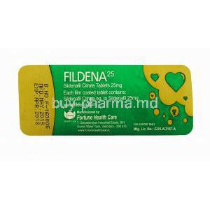 Generic Viagra, Sildenafil Citrate, Fildena 25mg 100tabs, Bister pack back view, manufactured by Fortune health care, contents of each tablet.
