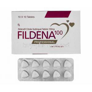 Generic Viagra, Sildenafil Citrate, Fildena 100mg 100tabs, Sublingual tablets professional, packaging front view and blister pack
