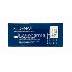 Generic Viagra, Sildenafil citrate, Fildena 50mg 100tabs, box side presentation, Manufactured by Fortune Healthcare