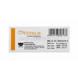 Generic Levitra, Filitra 20, Vardenafil 20mg 100tabs, Box side view, manufactured by Fortune Health Care