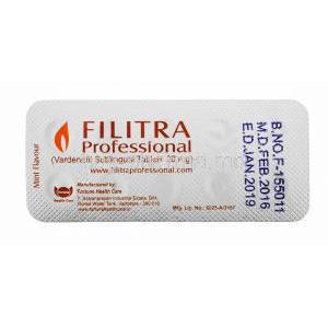 Generic Levitra, Filitra Professional, Vardenafil Sublingual Tablets 20mg 100tabs, Blister pack back view with information, Manufactured by Fortune Health care