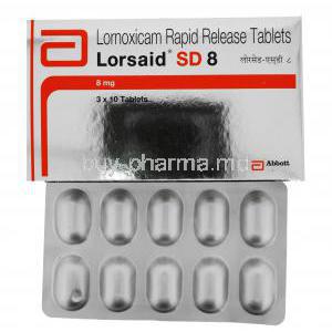 Generic Xefo, Lornoxicam, Lorsaid, 8mg, 30 tabs, Box front presentation with blister pack, Abbott