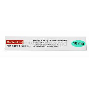 Generic Singulair, Montelukast Tablet Dr Reddy's, 10mg 28tabs, Film Coated Tabs, Box side view