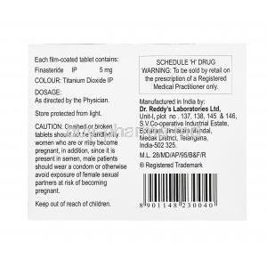 Generic Proscar, Finasteride tablets IP 5mg, Finast, Dr.Reddy's, Box back presentation view, Contents of each tablet, dosage, caution and warning message, Manufactured by Dr. Reddy's Laboratories Ltd.