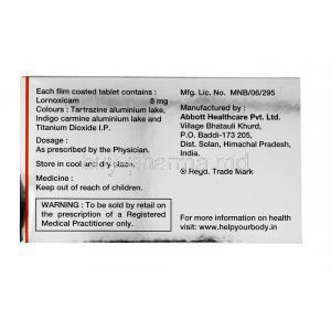 Generic Xefo, Lornoxicam, Lorsaid, 8mg, 30 tabs, Box back presentation, contents of each tablet, colors, dosage and storage instructions, warning label, manufactured by Abbott Healthcare Pvt.Ltd