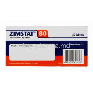 Generic Zocor, Zimstat, Simvastatin 80mg 30 tablets, Alphapharm, Box side presentation with dosage and storage instructions. Registered trademark of Alphapharm Pvt Ltd