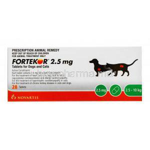 Fortekor 2.5mg 28 tablets, Tablets for Dogs and cats, Novartis, Box front Presentation and information, Active Constituent.