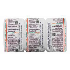 Generic Lopressor/ Toprol XL, Metoprolol Succinate Extended Release tablets USP, Seloken XL 100mg, 5 x 3 x 15 tablets, AstraZenca group of companies, blister pack back presentation with information. contents of each tablet, warning label