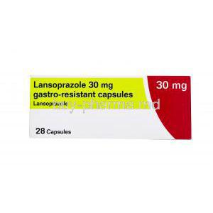 Generic  Prevacid, Lansoprazole 30mg Capsule, box side presentation, Glenmark