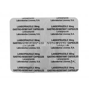 Generic  Prevacid, Lansoprazole 30mg Capsule, blister pack back presentation, laboratries liconsa, S.A