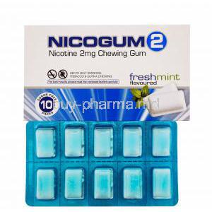 Nicotine Replacement Therapy Pastille/ Chewing Gum, Nicotine Polaorilex Gum USP 2mg, Nicogum 2, Fresh mint flavoured, sugar free 10 pieces, Box front view with blister pack