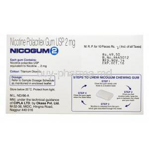 Nicotine Replacement Therapy Pastille/ Chewing Gum, Nicotine Polaorilex Gum USP 2mg, Nicogum 2, Fresh mint flavoured, sugar free 10 pieces, Box cak view, contents of each gum, dosage and storage instructions, pictured steps to chew nicogum, Manufactu