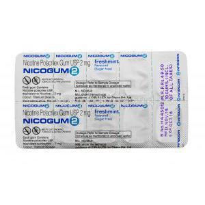 Nicotine Replacement Therapy Pastille/ Chewing Gum, Nicotine Polaorilex Gum USP 2mg, Nicogum 2, Fresh mint flavoured, sugar free 10 pieces, Blister pack back view, contents of each gum, dosage and storage instructions