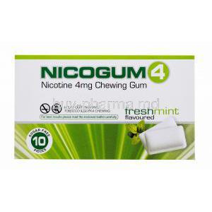 Nicotine Replacement Therapy Pastille/ Chewing Gum, Nicotine Polaorilex Gum USP 4mg, Nicogum4, Fresh mint flavoured, sugar free 10 pieces, Box front view