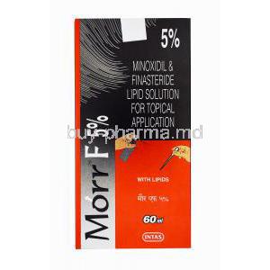Morr-F Solution 5%, 60ml, Minoxidil & Finasteride Lipid Solution for Topical Application, Box front View, Intas, with lipids