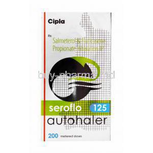 Seroflo 125, Autohaler, Salmeterol & fluticasone propionate inhalation IP, 200 metered doses, box front view with information