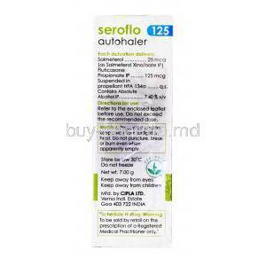 Seroflo 125, Autohaler, Salmeterol & fluticasone propionate inhalation IP, 200 metered doses, box side view with information, Content of product, directions for use, warning and storage label, Mfd by Cipla ltd