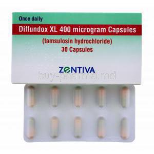Diffundox XL 400 microgram Capsules, Tamulosin hydrochloride 30 capsules, Zentiva, box front presentation with blister back front presentation
