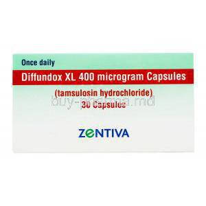 Diffundox XL 400 microgram Capsules, Tamulosin hydrochloride 30 capsules, Zentiva, box front presentation