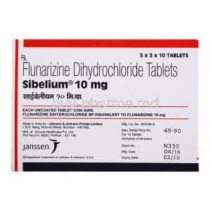 Generic Sibelium, Flunarizine dihydrochloride tablets,Sibelium 10mg, 5x3x10 tablets, Janssen, Box front view with blister pack front view, Made in India by Johnson&Johnson Private limited.