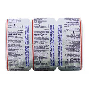 Generic Sibelium, Flunarizine dihydrochloride tablets,Sibelium 10mg, Janssen, blister pack back view with information, contents of each tablet, dosage and storage instructions,warning label, mfg. exp. date