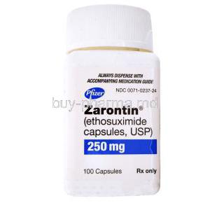 Zarontin, Ethosuximide Capsule, USP, 250mg 100capsules, Pfizer, Bottle front presentation