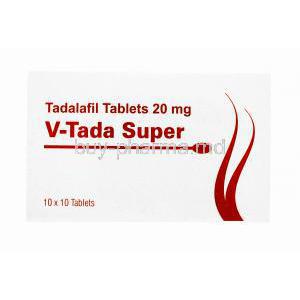 V- Tada Super, Tadalafil Tablets 20mg, 10 x10 tablets, box front view