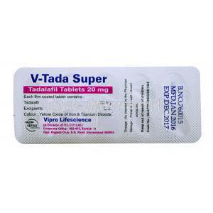V- Tada Super, Tadalafil Tablets 20mg, 10 x10 tablets, blister pack back view, information on contents of each tab, color, Vipro Lifescience