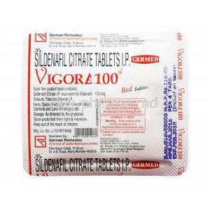 Generic Viagra, Sildenafil Citrate tablets I.P. , Vigore 100, 4 tabs, german Remedies, blister pack back presentation, content of each tablet, dosage and storage instructions, marketed by German Remedies, warning label