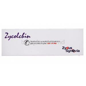 Generic Colcrys, Colchicine tablets IP, Zycolchin tablets, 320 tablets, Zydus Synovia, box back presentation, toll free helpline