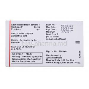 Generic Colcrys, Colchicine tablets IP, Zycolchin tablets, 320 tablets, Zydus Synovia, box back presentation, contents information, dosage and storage instructions, warning label, manufactured by, ZYdus healthcare