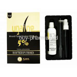 Ugaine, Minoxidil Topical solution USP 5% 60mL, Hair therapy for Men, Sava, contents of box, bottle, Plastic dropper, bottle spray head , Box and contents presentation