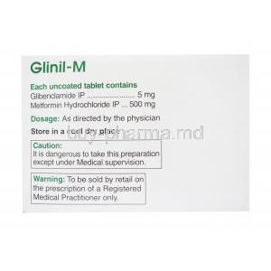 Generic Glucovance, Glibenclamide and Metformin hydrochloride tablets, Glinil-M, Cipla, 50x10 tablets, box back view, contents of each tablet, dosage instructions, caution and warning labels