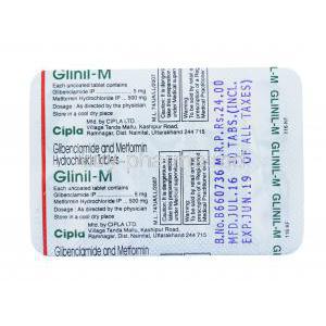 Generic Glucovance, Glibenclamide and Metformin hydrochloride tablets, Glinil-M, Cipla, 50x10 tablets, blister pack back view with information