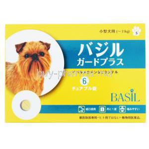 Basil Gard Plus Chocochew For Dogs, Ivermectin / Pyrantel Chocochew, Small dog, ~11Kg, Basil, box front presentation with information, Basil Animal Health Limited
