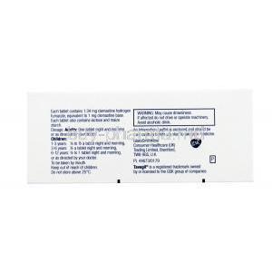 Tavegil, Clemastine, 1mg 60 tabs, Box back presentation, contents of each tablet, dosage instructions, warning and storage label, GlaxoSmithKline, GSK