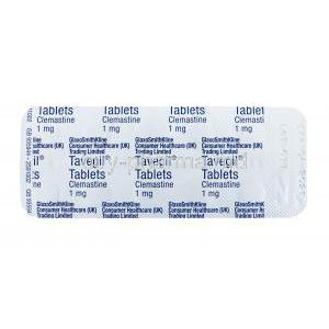 Tavegil, Clemastine, 1mg 60 tabs, blister pack back presentation, GlaxoSmithKline