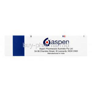 Vancocin, Vancomycin Hydrochloride, 20 capsules 250 mg Vancomycin, Box side presentation, Aspen Australia, Manufactured in India