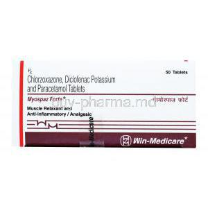 Myospaz Forte, Chlorzoxazone/ Diclofenac / Paracetamol, Win Medicare, box back presentation, Muscle Relaxant and anti inflamatory