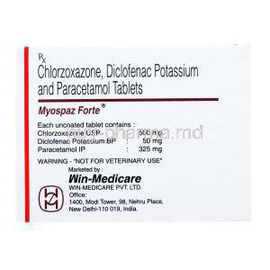 Myospaz Forte, Chlorzoxazone/ Diclofenac / Paracetamol, Win Medicare, box back presentation, Content of each tablet, Warning label, Marketed by Win-Medicare